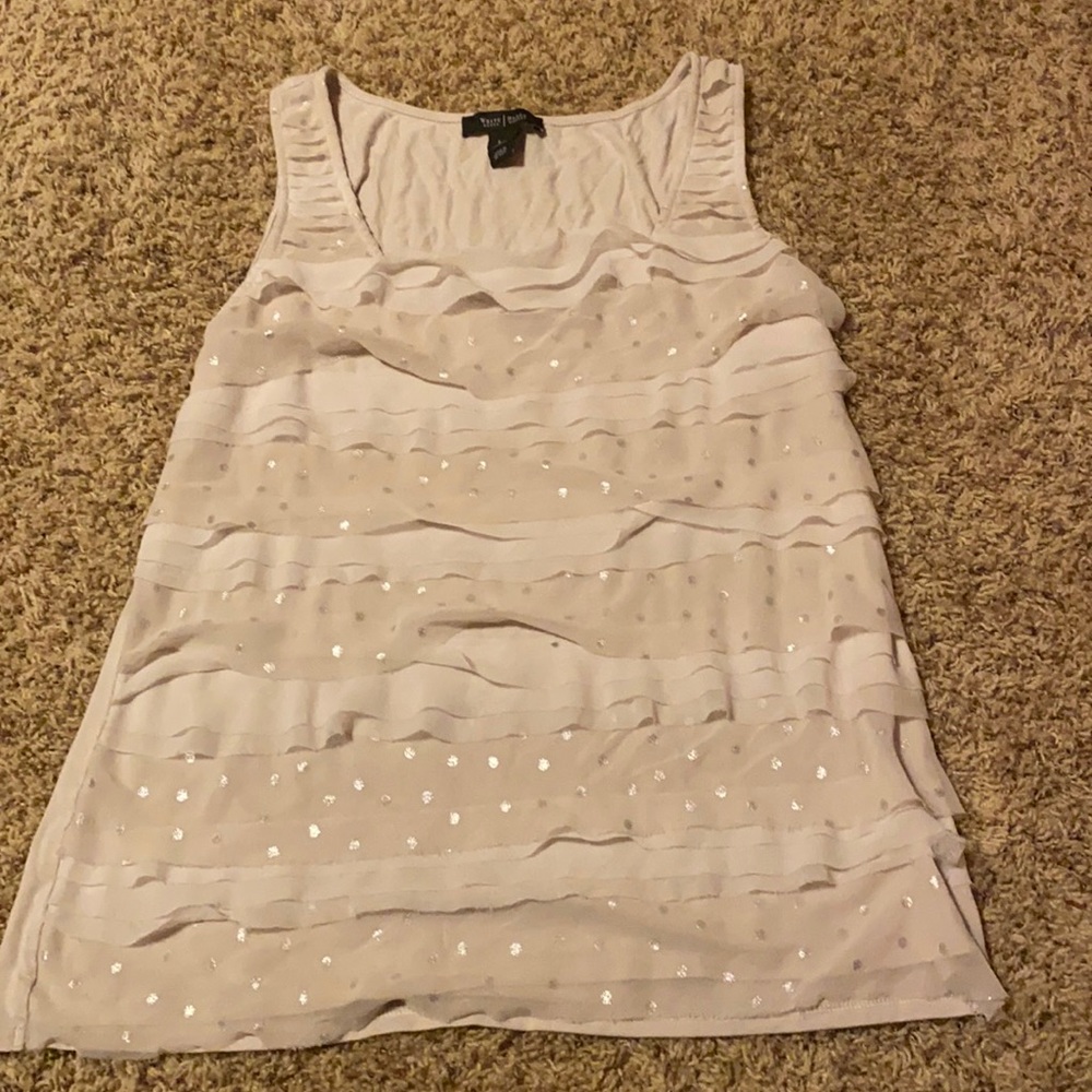 WHBM white tank top with silver dots and ruffles